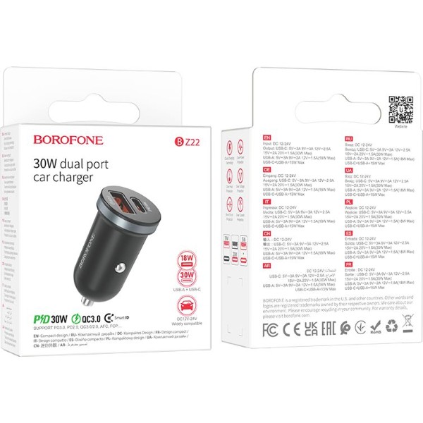 Фото - Автомобильное зарядное устройство BOROFONE BZ22 Scenery dual port PD30W+QC3.0 car charger Black (6941991105180)