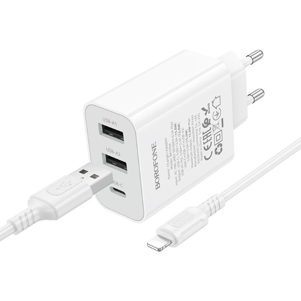 Фото - Мережевий зарядний пристрій BOROFONE BA105A Stellar three-port charger set (iP) (EU) White (6941991125287)