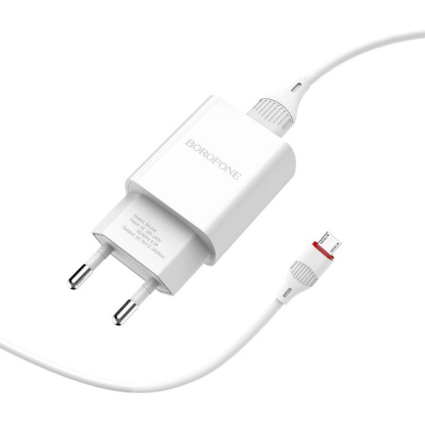 Фото - Мережевий зарядний пристрій BOROFONE BA20A Sharp single port charger set Micro 10.5W White (6931474700735)