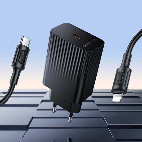 Фото - Сетевое зарядное устройство BOROFONE BAS73A Source single port PD20W charger set (C to iP) (EU) Black (6941991122712)