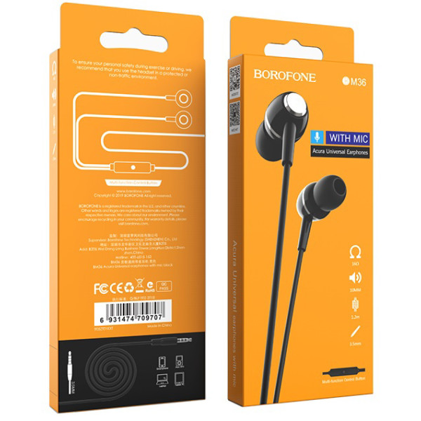 Фото - Навушники вкладиші дротові BOROFONE BM36 Acura Universal earphones with mic Black (6931474709691)