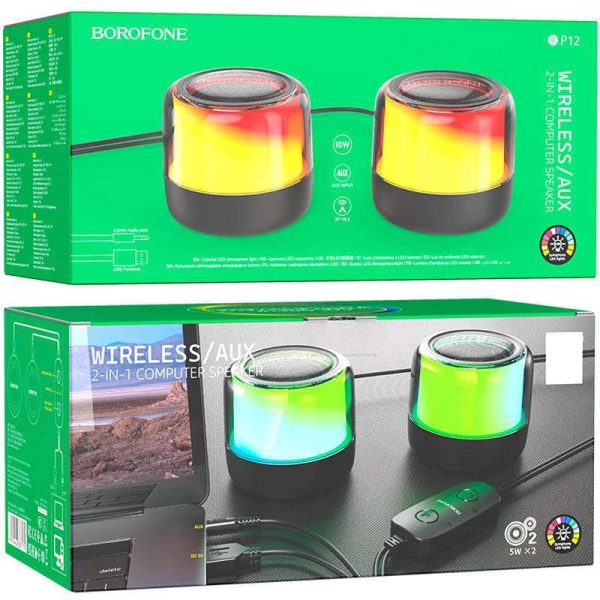 Фото - Портативна акустика BOROFONE BP12 Colorful BT wired 2-in-1 computer speaker Black (6974443387179)