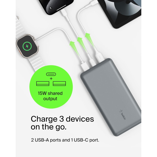 Фото - Батарея мобільна Belkin 20000мА·год, 15Вт, 2хUSB-A/USB-C Gray (BPB012BTGY)