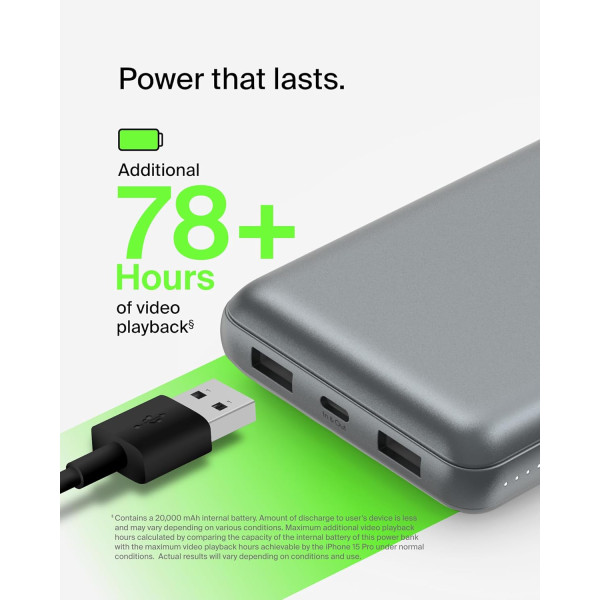 Фото - Батарея мобільна Belkin 20000мА·год, 15Вт, 2хUSB-A/USB-C Gray (BPB012BTGY)