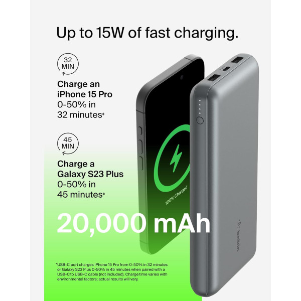 Фото - Батарея мобільна Belkin 20000мА·год, 15Вт, 2хUSB-A/USB-C Gray (BPB012BTGY)