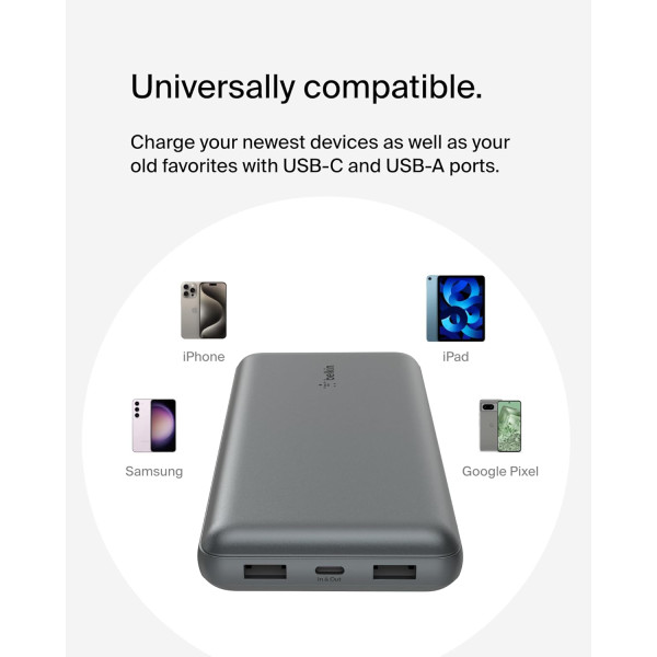 Фото - Батарея мобільна Belkin 20000мА·год, 15Вт, 2хUSB-A/USB-C Gray (BPB012BTGY)