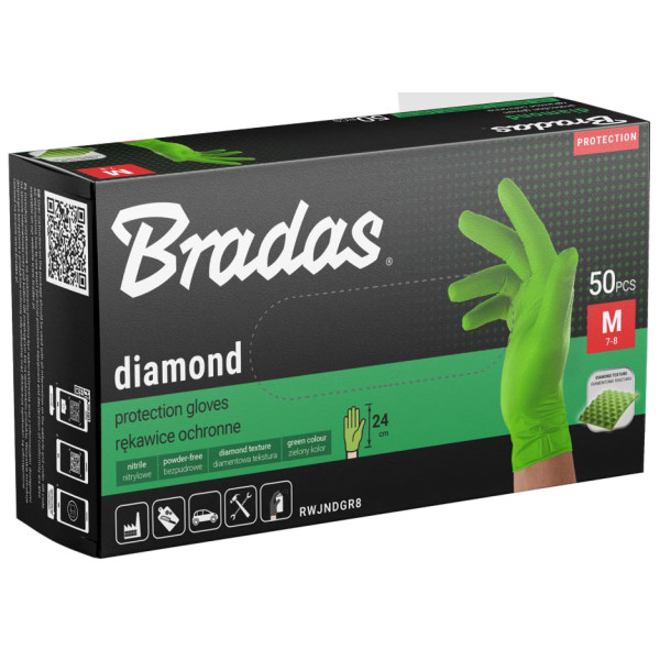 Фото - Перчатки нитриловые BRADAS DIAMOND M размер 7-8 Зеленые 50 шт. (RWJNDGR8)