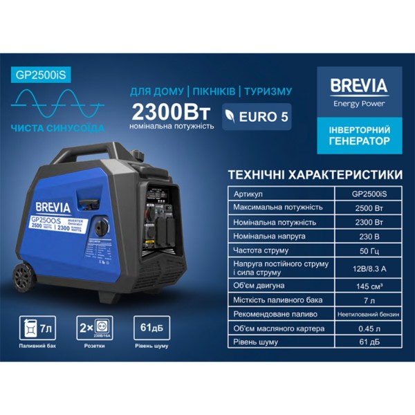 Фото - Генератор инверторный Brevia 2,5 кВт (GP2500iS)