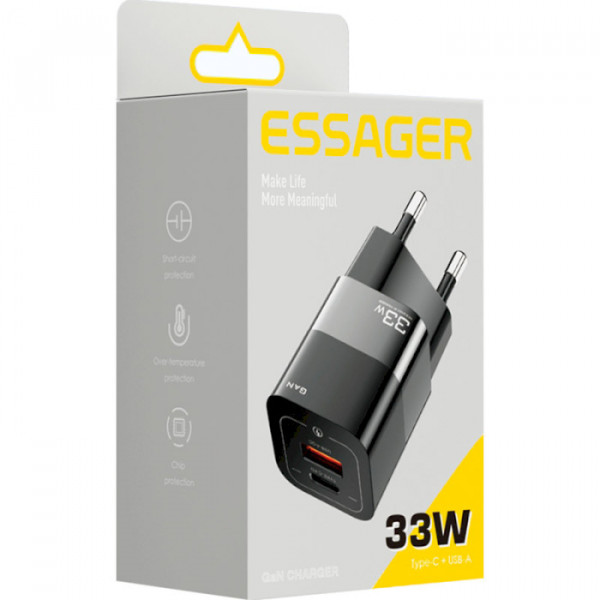 Фото - Мережевий зарядний пристрій Essager Square Brick 33W Gallium Nitride Travel Charger A+C  EU Black (ECTCA-FZB01)