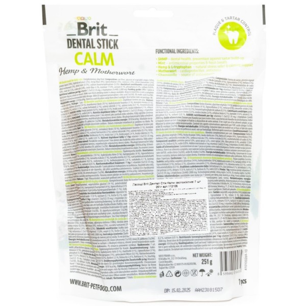 Фото - Ласощі для собак Brit Care Dental Stick Calm для дорослих з коноплею та пустирником заспокійливі 7 шт. 251 г (8595602564385)