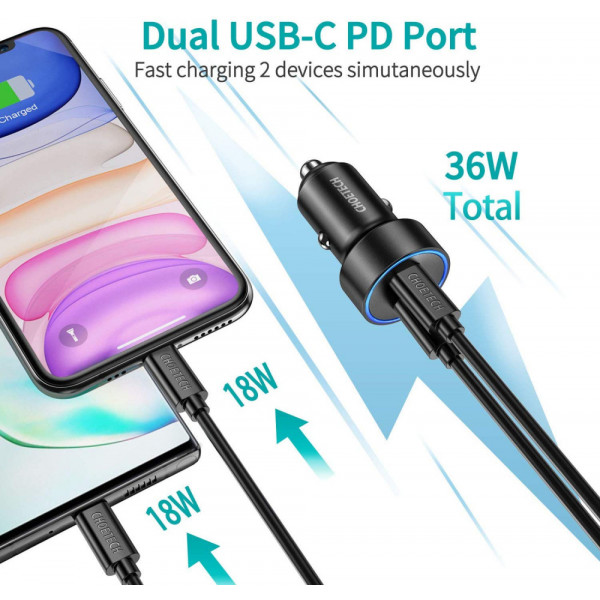 Фото - Автомобільний зарядний пристрій Choetech 2xUSB Type C PD3.0 QC3.0 AFC 36W 2.4A (C0054)