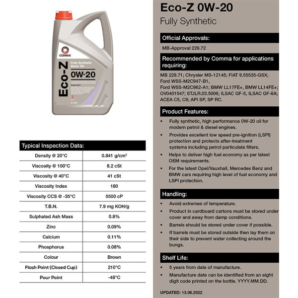 Фото - Олива для авто COMMA ECO-Z 0W-20 5л (ECOZ5L)
