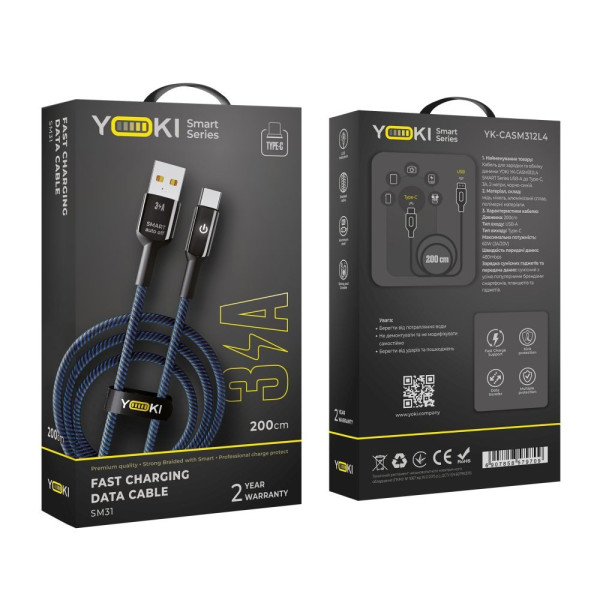 Фото - Кабель синхронізації даних YOKI SMART Type-C 3A 2m Black-Blue (YK-SM31)