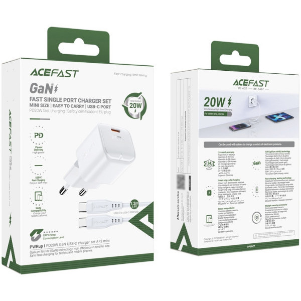 Фото - Мережевий зарядний пристрій AceFast USB-C 20W Gan A73 mini + USB-C cable Fast Charger White (6974316282655)