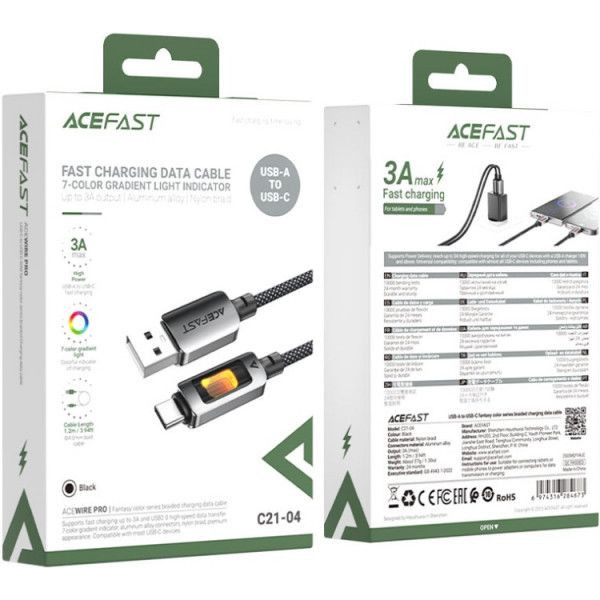 Фото - Кабель AceFast USB 2.0 AM-Type-C M, 1.2м 60W C21-04 Black (6974316284673)