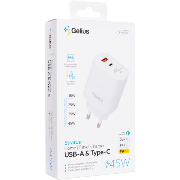Фото - Мережевий зарядний пристрій Gelius Stratus GP-HC068 45W (1Type-C+1USB-A) White (101557)