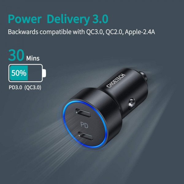 Фото - Автомобільний зарядний пристрій Choetech 2xUSB Type C PD3.0 QC3.0 AFC 36W 2.4A (C0054)