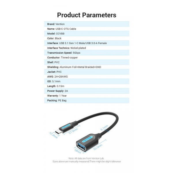 Фото - Кабель синхронізації даних Vention USB 3.1 Type-C - OTG USB3.0 AF 0.15m Black (CCVBB)