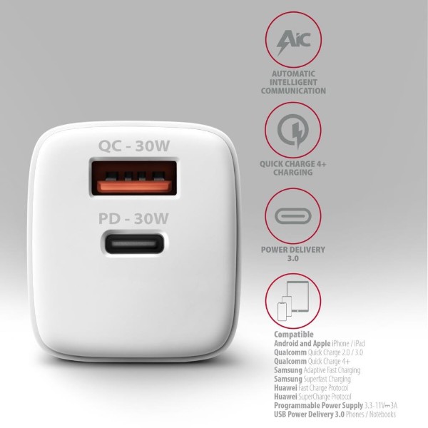 Фото - Сетевое зарядное устройство AXAGON QC3.0,4.0/AFC/FCP/PPS/Apple + PD type-C, 30W White (ACU-PQ30W)