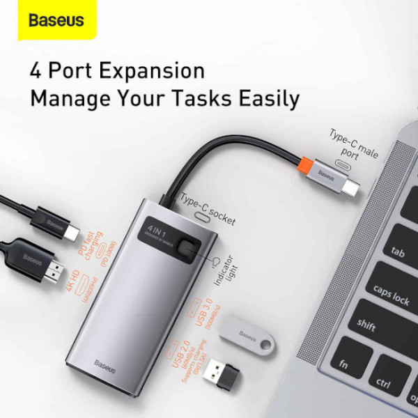 Фото - Док-станція Baseus USB3.1 USB Type C PD 100W/HDMI 4K 30 Hz/USB 3.2 Gen1/1хUSB 2.0 4in1 (CAHUB-CY0G)