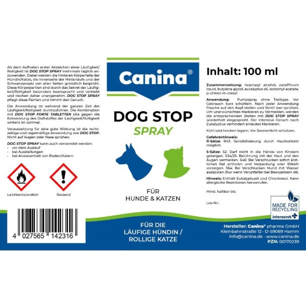 Фото - Гигиеническое средство для животных Canina Dog Stop Forte для успокоения при течке спрей 100 мл (4027565142316)