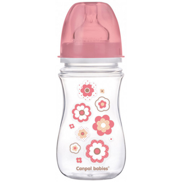 Фото - Пляшка для годування Canpol babies Антиколікова з широкою шийкою Easy Start-Newborn baby рожеві квіти, 240 мл. (35/217_pin)