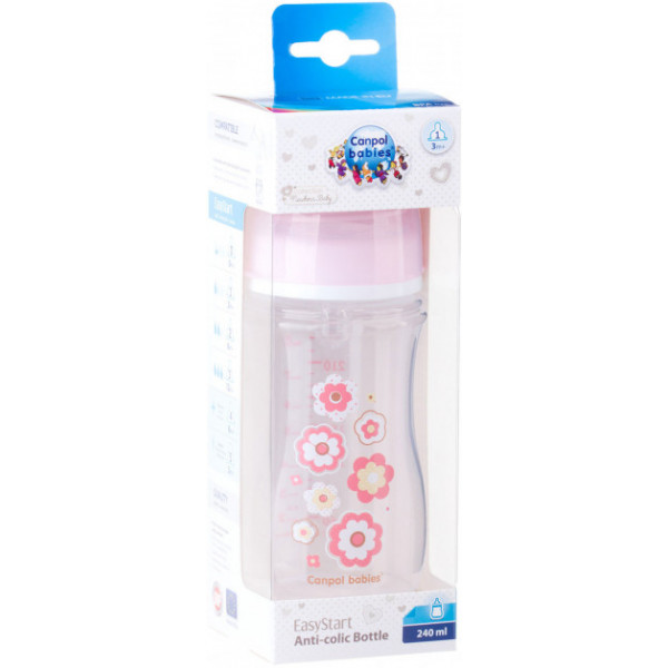 Фото - Пляшка для годування Canpol babies Антиколікова з широкою шийкою Easy Start-Newborn baby рожеві квіти, 240 мл. (35/217_pin)