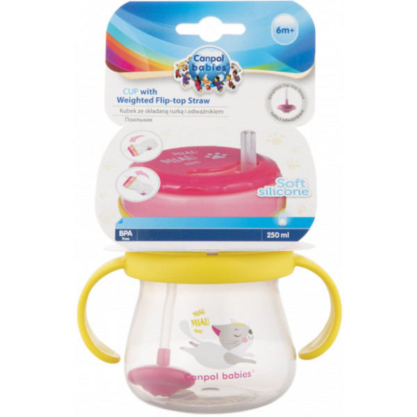 Фото - Чашка-непроливайка дитяча Canpol babies зі складною силіконовою трубочкою і обтяжувачем, котик, 250 мл. (56/520)