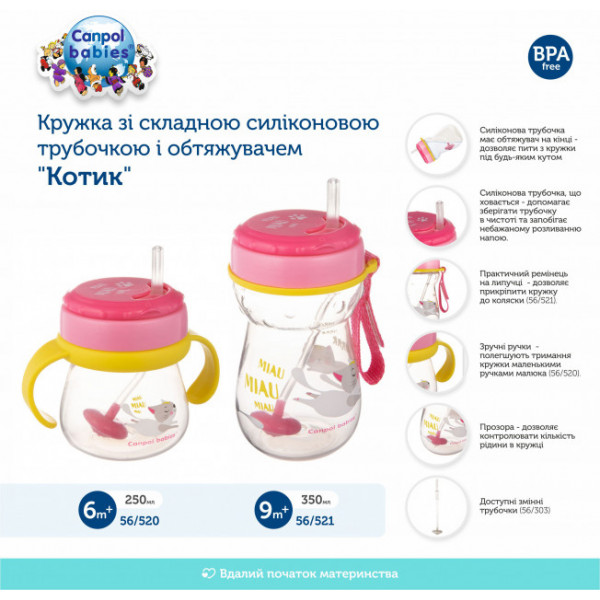 Фото - Чашка-непроливайка дитяча Canpol babies зі складною силіконовою трубочкою і обтяжувачем, котик, 250 мл. (56/520)