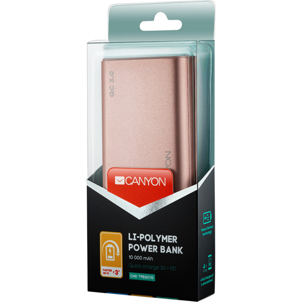 Фото - Батарея мобільна Canyon 10000mAh Quick Charge QC3.0 Rose Gold (CND-TPBQC10RG)