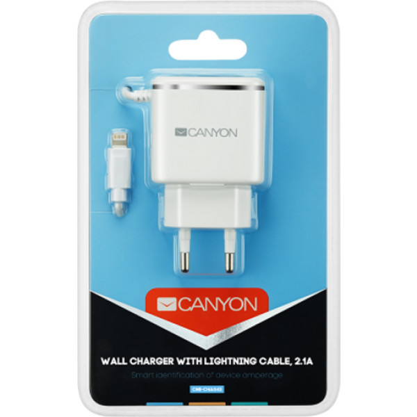Фото - Мережевий зарядний пристрій CANYON Universal 1xUSB plus Lightning with Smart IC White (silver electroplated stripe) (CNE-CHA043WS)