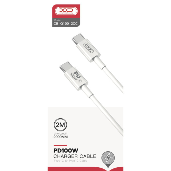 Фото - Кабель синхронізації даних XO Type-C - Type-C 100W 2m White (CB-Q100-2CC)