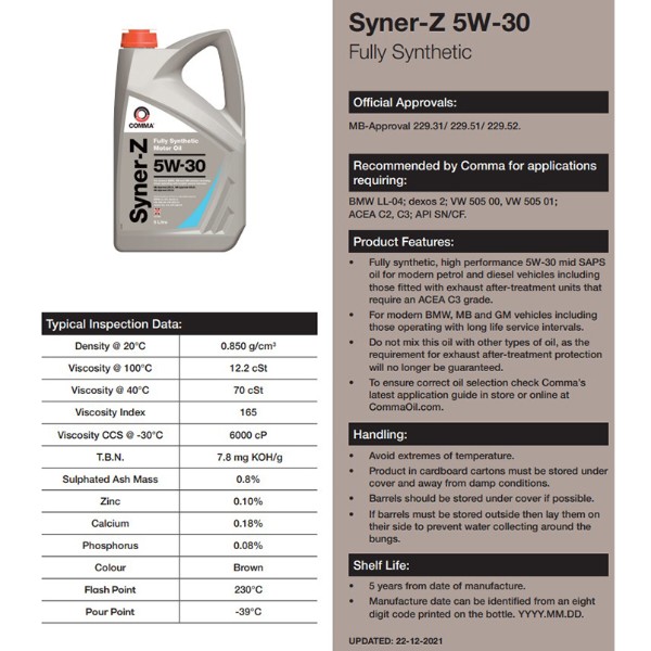 Фото - Масло для авто COMMA SYNER-Z 5W-30 60л (SYZ60L)