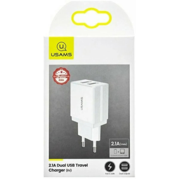 Фото - Мережевий зарядний пристрій Usams US-CC090 T24 2.1A Dual USB 10W Travel Charger White (CC90TC01)