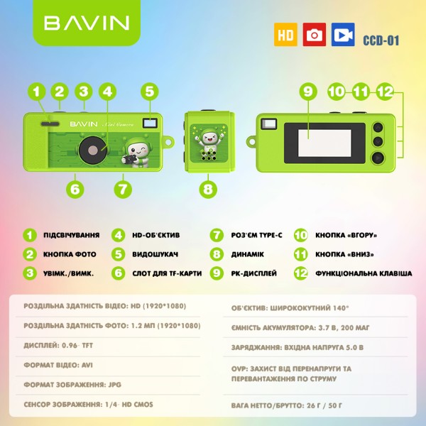 Фото - Фотоаппарат детский цифровой Bavin с видеосъемкой 1080HD встроенный аккумулятор 200mAh Red (CCD01-ARTTAG-RD)