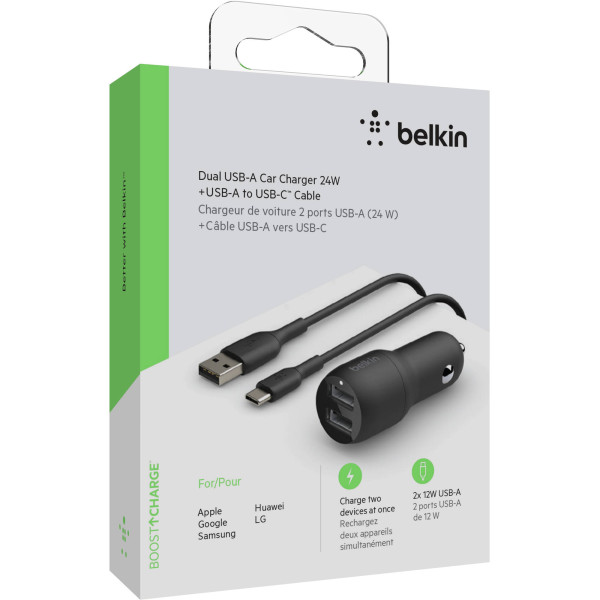Фото - Автомобільний зарядний пристрій Belkin Car Charger 24W Dual USB-A USB-A - USB-C 1 m Black (CCE001BT1MBK)