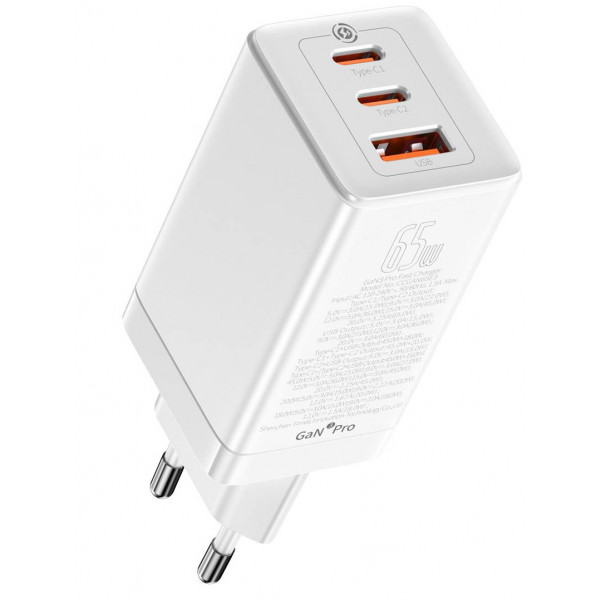 Фото - Мережевий зарядний пристрій Baseus GaN3 Pro Fast Charger 2C+U 65W EU White (CCGP050102)
