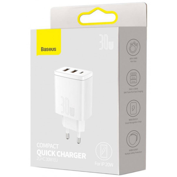 Фото - Мережевий зарядний пристрій Baseus Compact Quick Charger 30W QC+ PD White (CCXJ-E02)