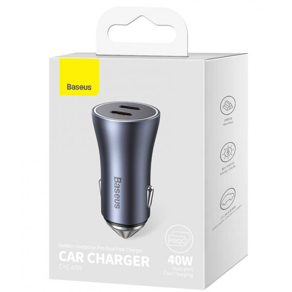 Фото - Автомобільний зарядний пристрій Baseus Golden Contactor Pro Dual Fast Charger Car Charger C+C 40W Dark Gray (CGJP000013)