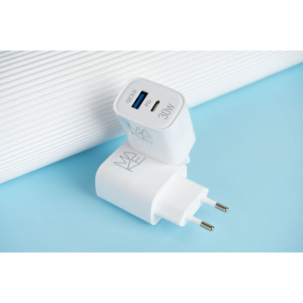 Фото - Сетевое зарядное устройство MAKE 30W GaN PD+QC White (MCW-327PWH)