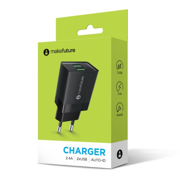 Фото - Мережевий зарядний пристрій MakeFuture 2.4A 2USB Auto-ID Black (MCW-22BK)