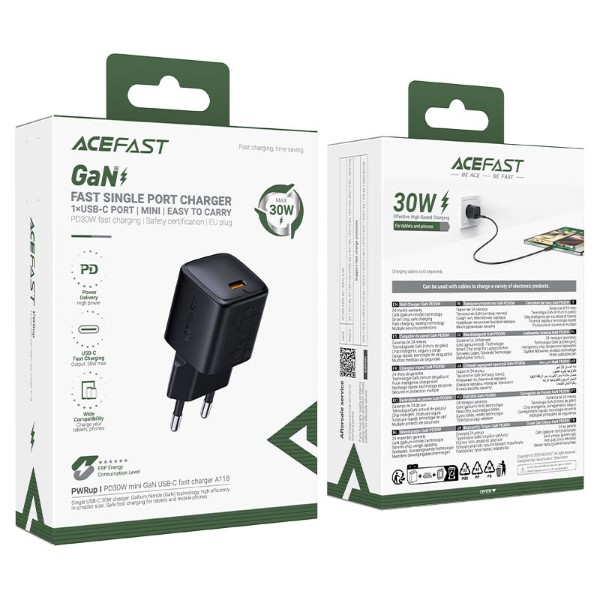 Фото - Сетевое зарядное устройство AceFast 1xUSB-C 30W Gan A118 Fast Charger + USB-C cable Black (6974316285175)