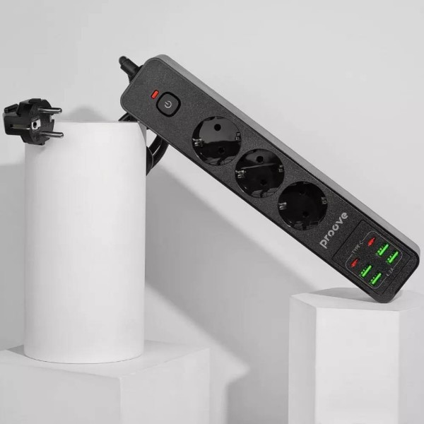 Фото - Сетевой фильтр Proove Power Strip P-03 3 розетки + 4 USB + 2 Type-C 2m Black (396830001)