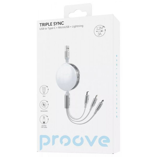 Фото - Кабель синхронизації даних Proove Triple Sync 3 in1 Type-C + Micro USB + Lightning 1.2m White (CCTS20001502)
