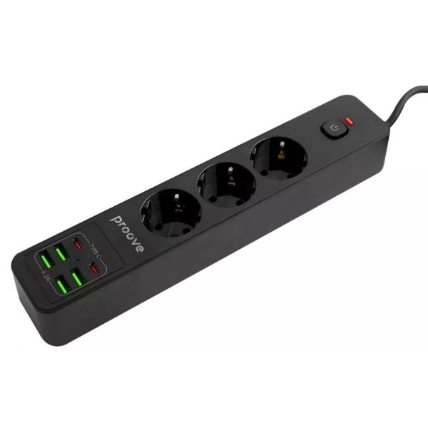 Фото - Сетевой фильтр Proove Power Strip P-03 3 розетки + 4 USB + 2 Type-C 2m Black (396830001)