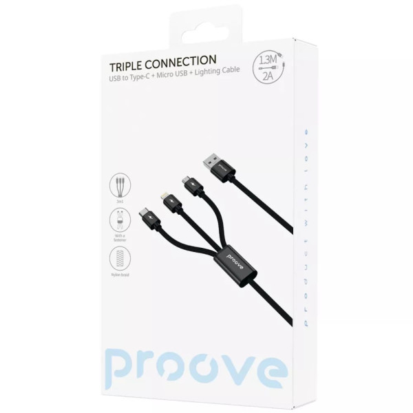Фото - Кабель Proove Triple Connection 3 in 1 Type-C+Micro USB+Lightning 1.3m Black (CCTC15001501)
