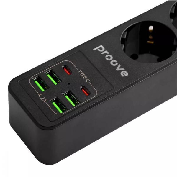 Фото - Сетевой фильтр Proove Power Strip P-03 3 розетки + 4 USB + 2 Type-C 2m Black (396830001)