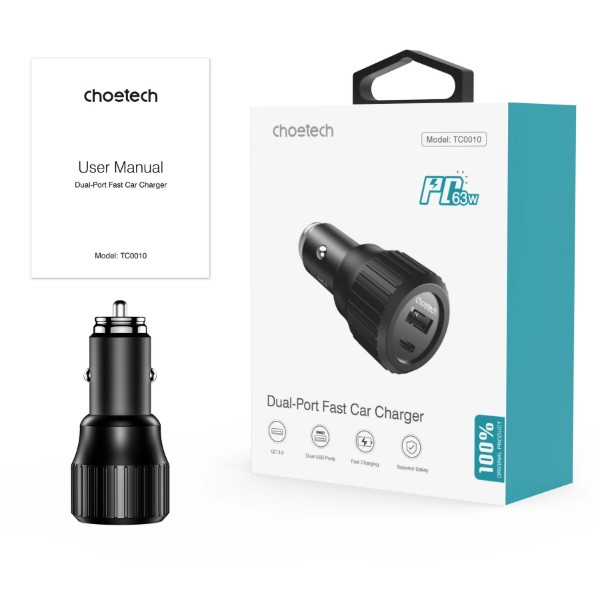 Фото - Автомобільний зарядний пристрій Choetech 1USB Type C 63W 1USB 18W PD3.0 QC3.0 Black (TC0010)