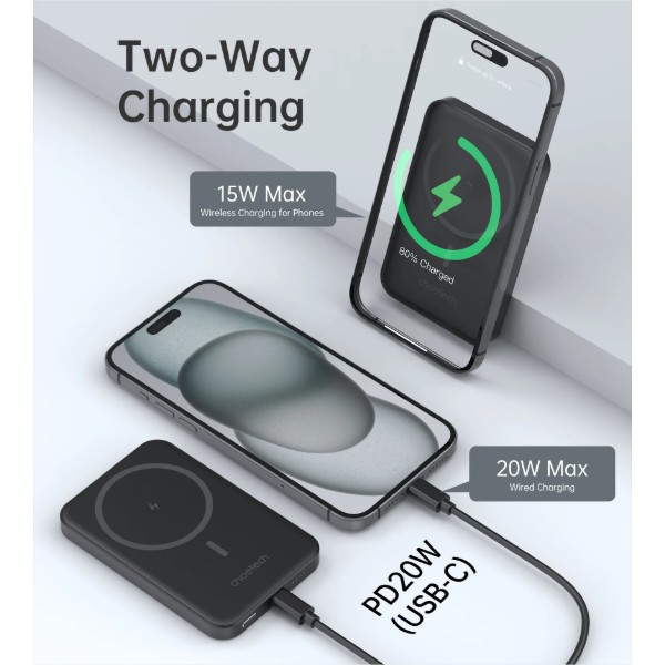 Фото - Батарея мобильная Choetech Magnetic Wireless 5000mAh 20W PD Qi-15W USB-C (B709-CCBK)