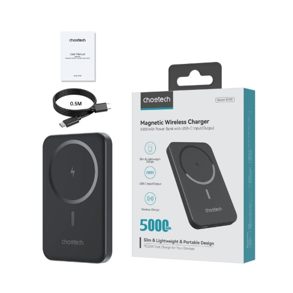 Фото - Батарея мобильная Choetech Magnetic Wireless 5000mAh 20W PD Qi-15W USB-C (B709-CCBK)